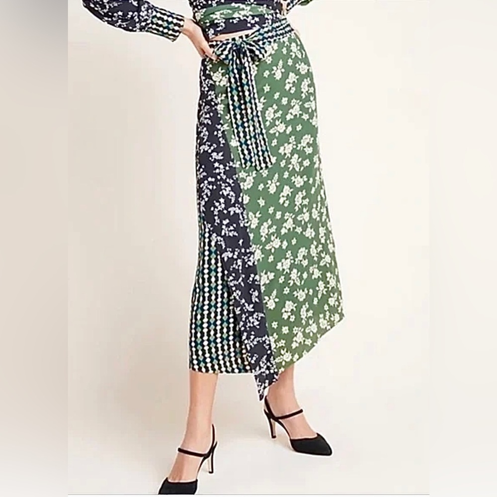 Anthropologie Green and Navy Floral Patchwork Midi Skirt